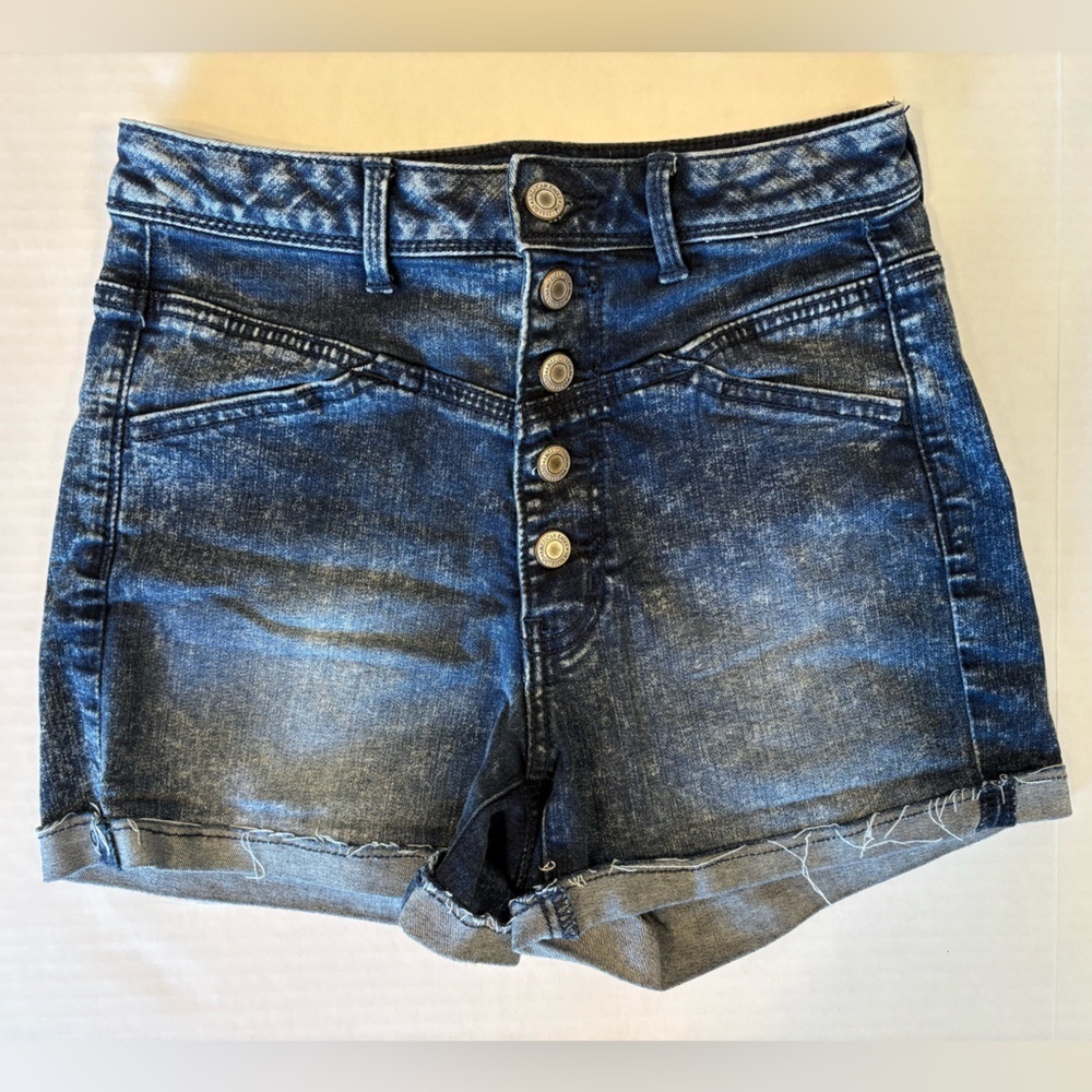 American Eagle dark wash button fly cuffed jean shorts size 4